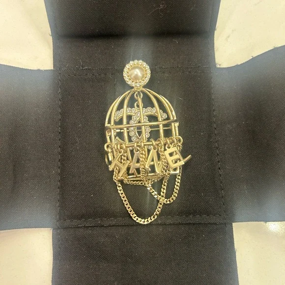 CHANEL Birdcage Brooch Gold with Crystal and Pearl Accent